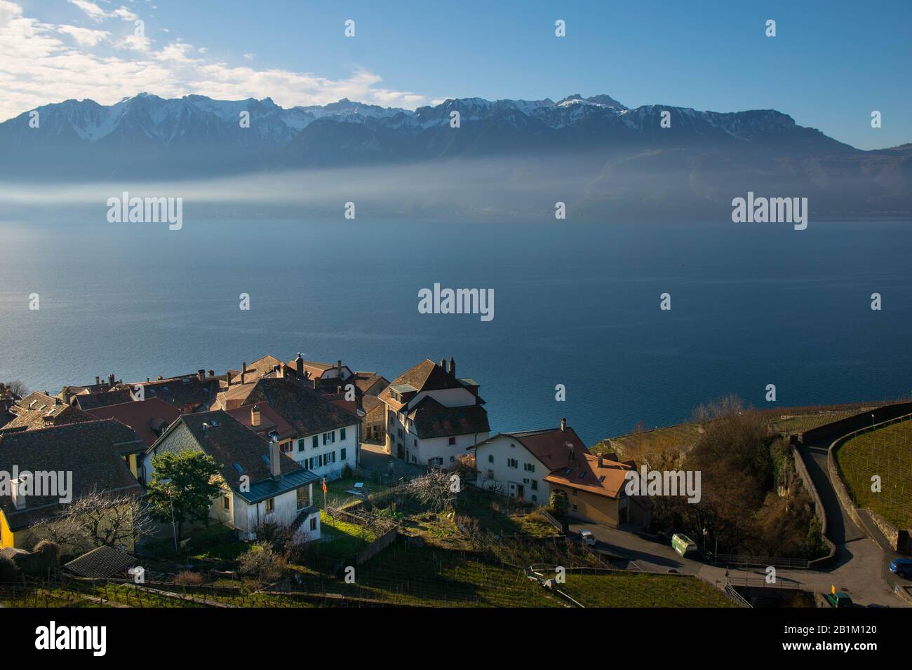 Bellissimo lago di Ginevra vicino a San Saphorin in Svizzera Foto Stock