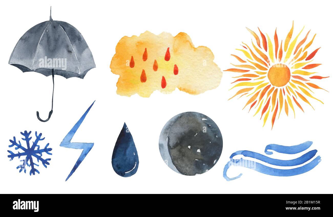 Icone meteo carine. Previsioni meteorologia watercolor simboli. Illustrazione scandinava. Grafica meteo impostata. Foto Stock