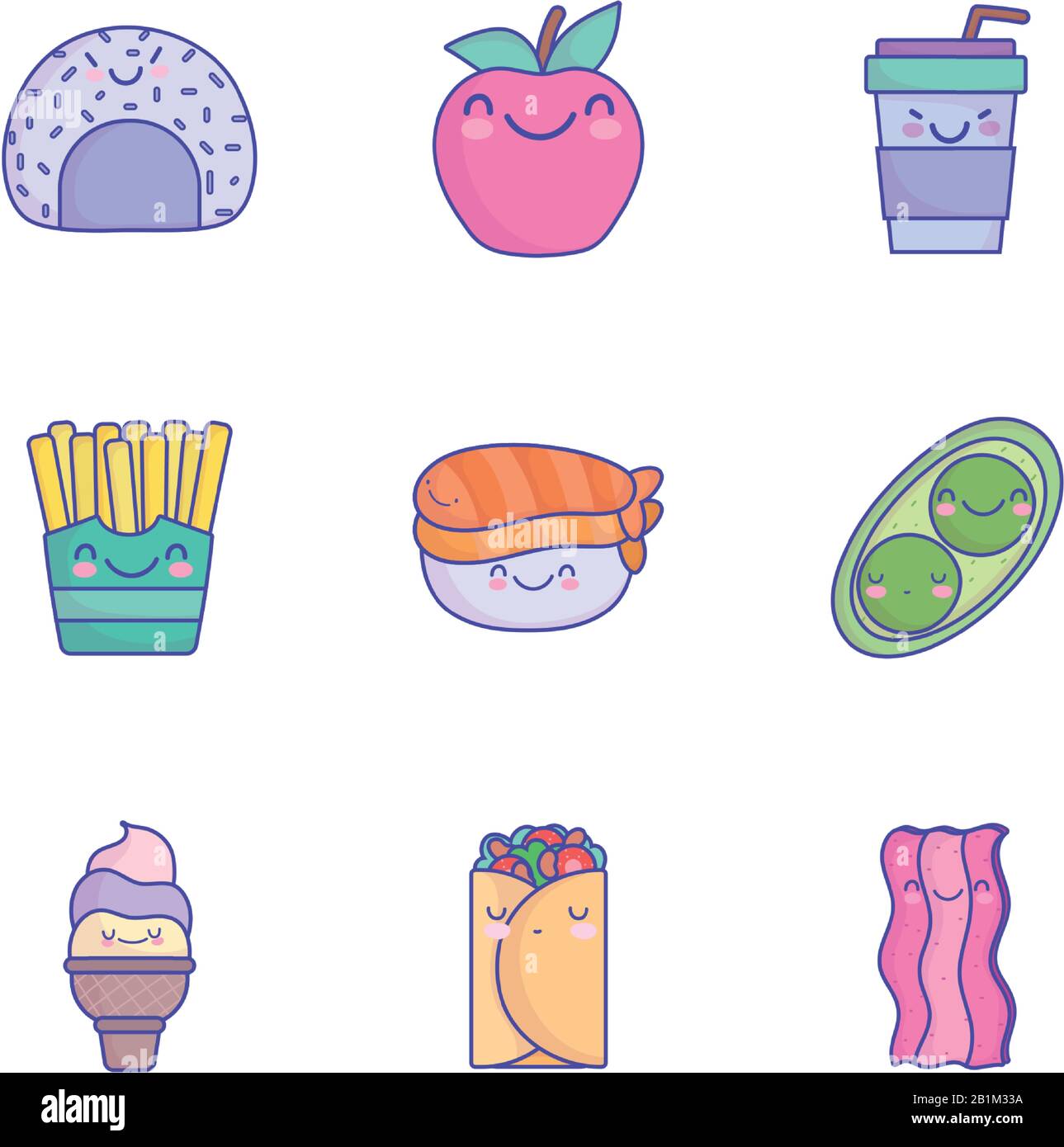 cibo carino cartone animato menu carattere ristorante dieta icone set vettore illustrazione piatto icona stile Illustrazione Vettoriale