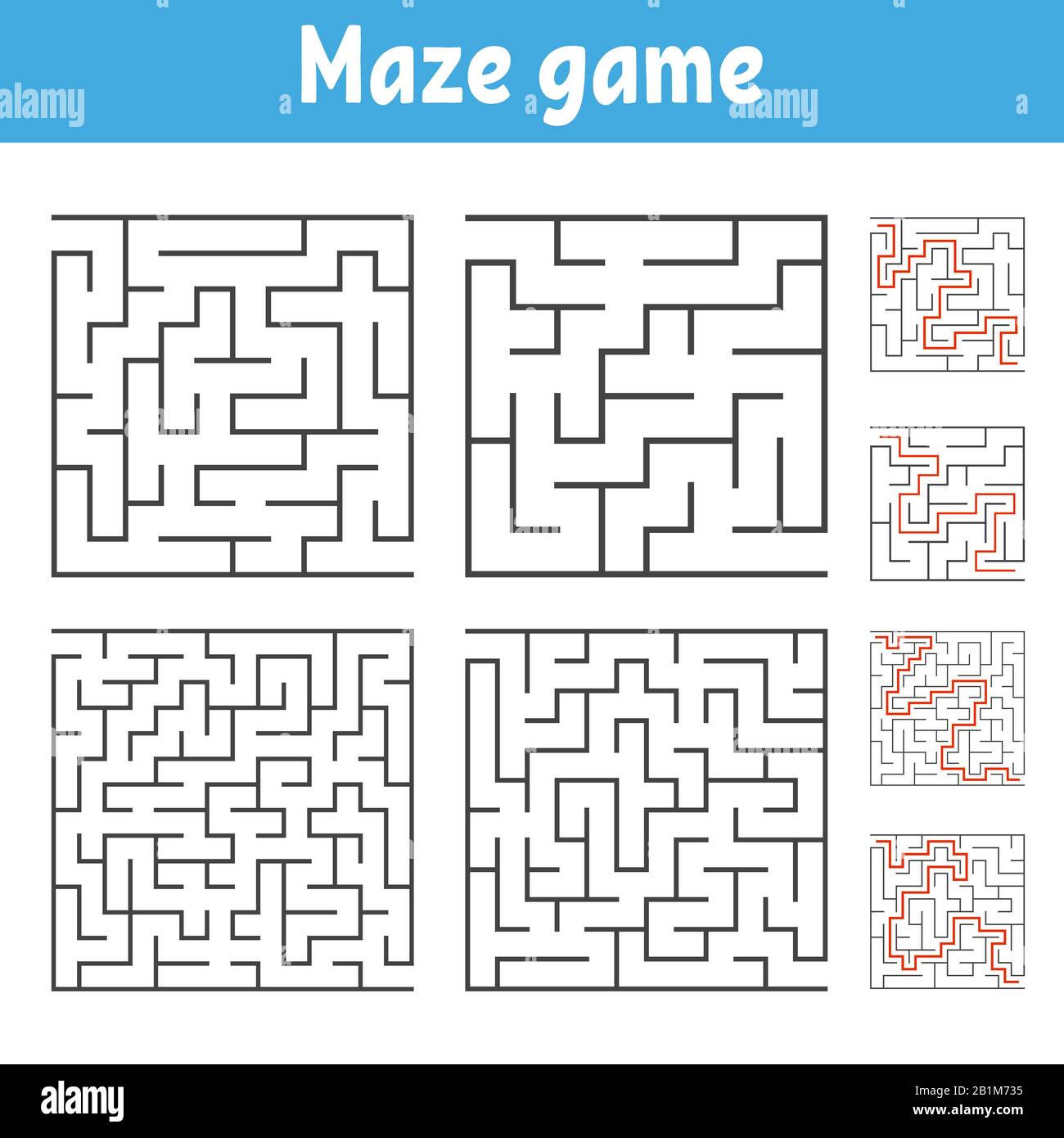 Un insieme di labirinti quadrati di vari livelli di difficoltà. Puzzle per bambini. Un ingresso, un'uscita. Labirinto enigma. Immagine vettoriale piatta iso Illustrazione Vettoriale