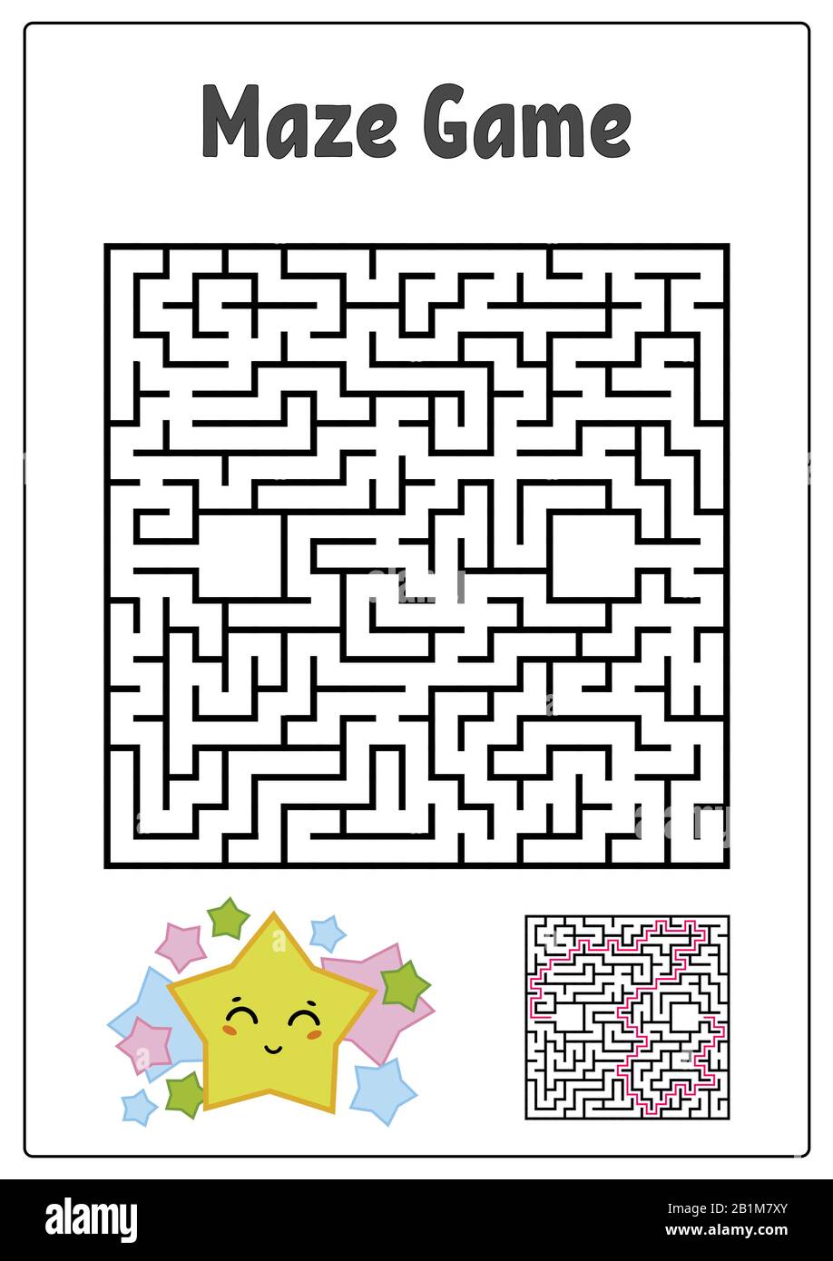Labirinto quadrato astratto. Fogli di lavoro per bambini. Puzzle di gioco per bambini. Stella divertente e fungo su sfondo bianco. Un ingresso, un'uscita. Labirinto con Illustrazione Vettoriale