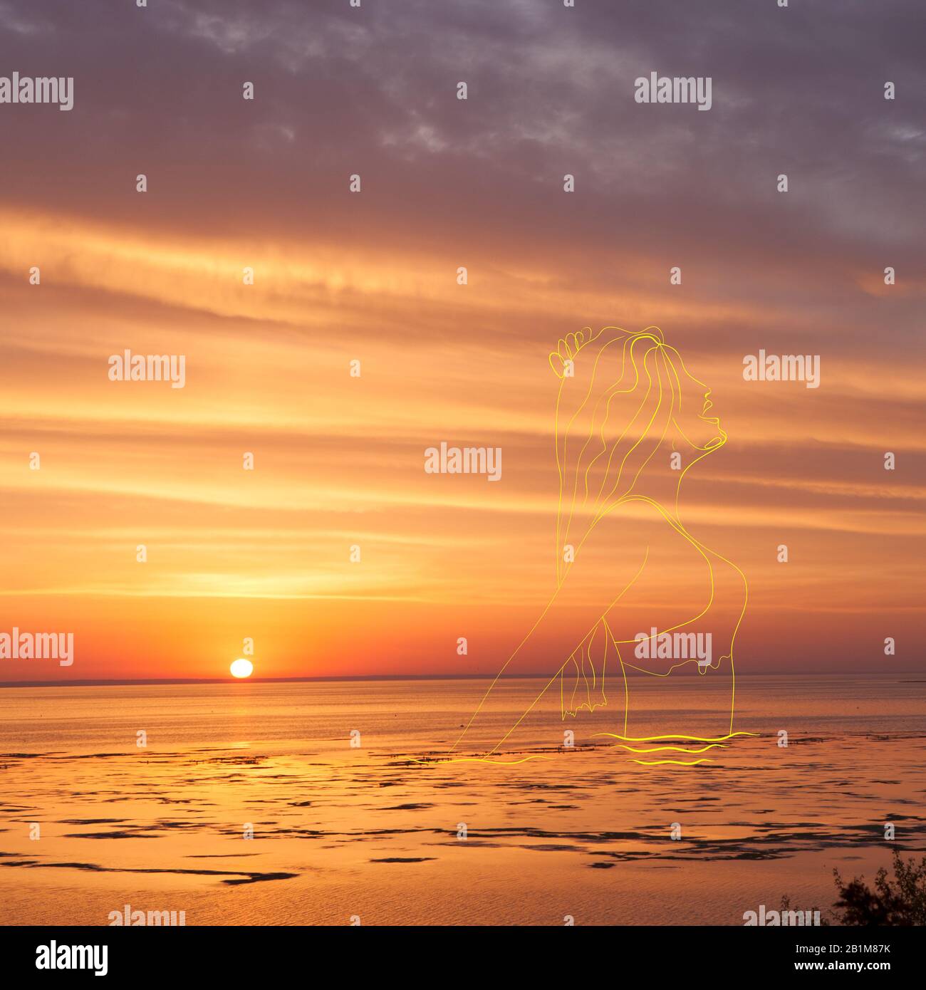 Corpo femminile drawned con linee colorate tecnica di design viaggiare in tutto il mondo. Design moderno. Opere d'arte contemporanea, collage. Concetto di viaggio, vacanza, viaggio, ispirazione, immaginazione. Foto Stock