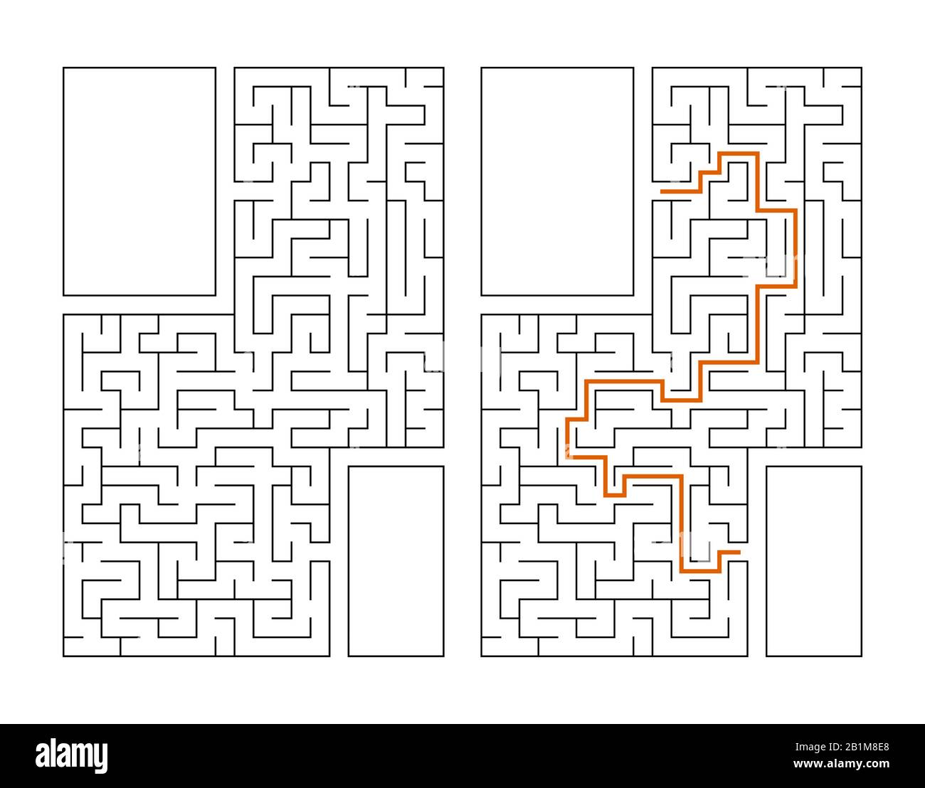 Labirinto rettangolare astratto. Gioco per bambini. Puzzle per bambini. Labirinto enigma. Immagine vettoriale piatta isolata su sfondo bianco. Con risposta Illustrazione Vettoriale