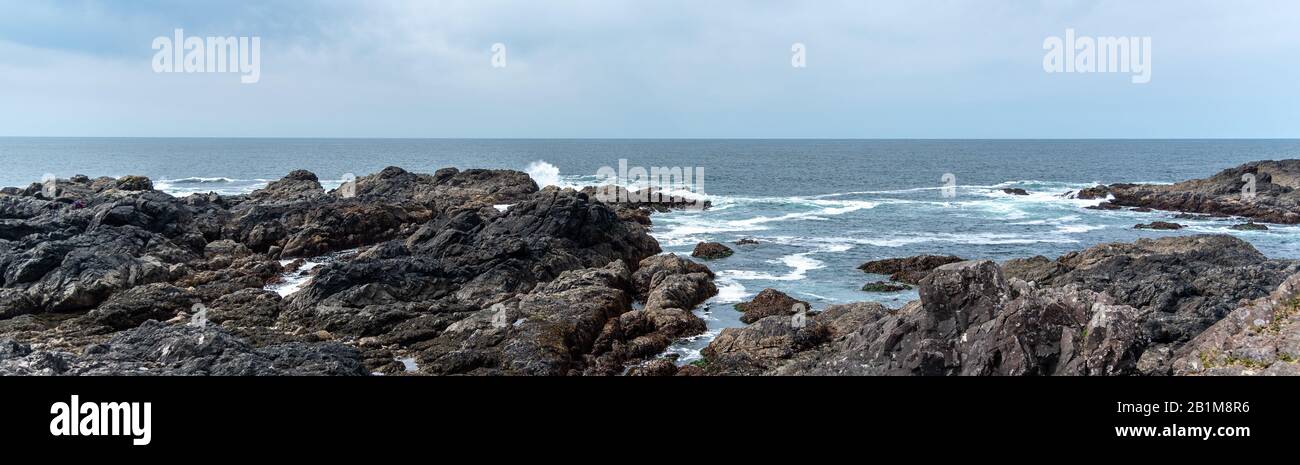 Wild Pacific Trail sulla costa occidentale dell'isola di Vancouver, British Columbia. Guardando verso l'esterno al lontano Giappone. Foto Stock