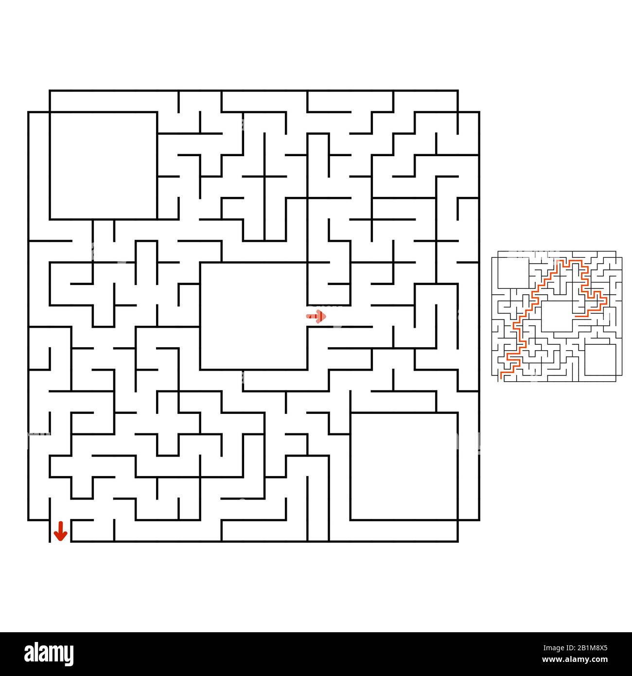 Labirinto quadrato astratto. Gioco per bambini. Puzzle per bambini. Labirinto enigma. Immagine vettoriale piatta isolata su sfondo bianco. Con risposta. It Illustrazione Vettoriale