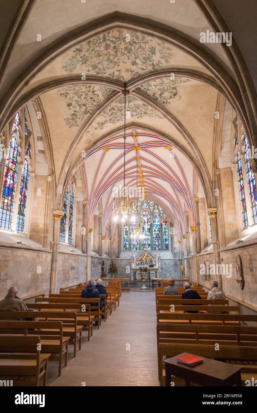 Interno all'interno della cappella della signora alla cattedrale di Chichester. La Cappella – di cinque baie – è a volta, tre dei quali sono il primo esempio di vaulting nella cattedrale. INGHILTERRA (114) Foto Stock