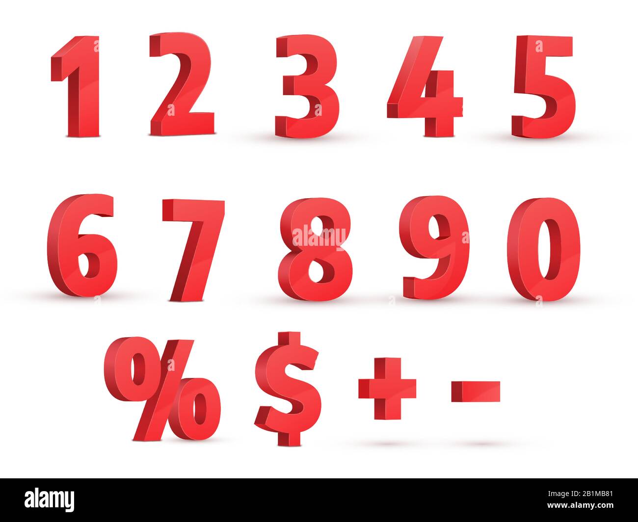 Numeri rossi. Set di vettori realistici 3D. Vista prospettica. Segno di percentuale, segno del dollaro, più e meno. Illustrazione Vettoriale