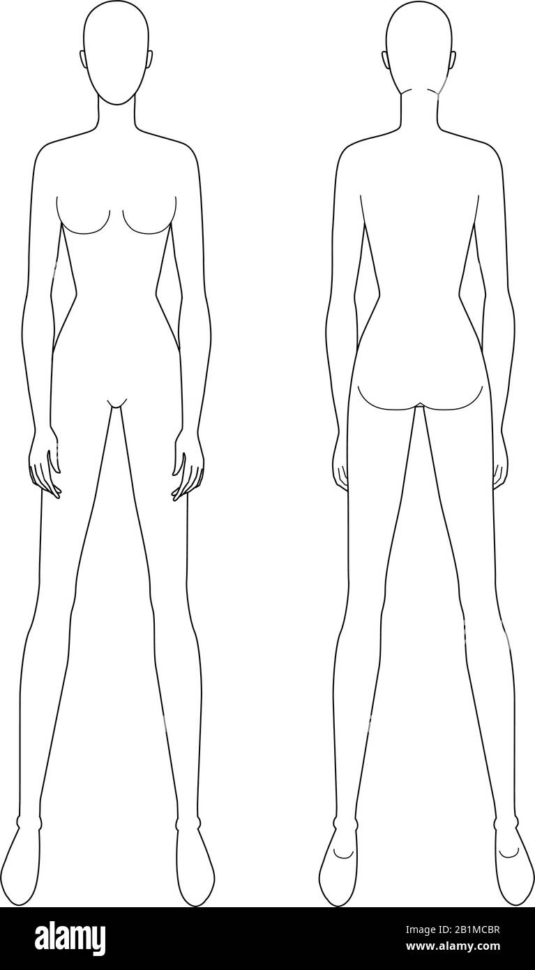 Modello di moda di donne permanente. 9 dimensioni di testa per il disegno tecnico. Signora figura vista anteriore e posteriore. Profilo di vettore ragazza per schizzo di moda e illustrazione. Illustrazione Vettoriale