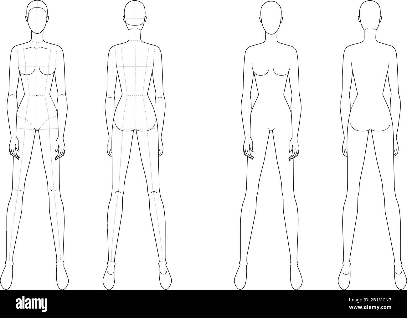 Modello di moda di donne permanente. 9 dimensioni di testa per il disegno tecnico con e senza linee principali. Signora figura vista anteriore e posteriore. Profilo di vettore ragazza per schizzo di moda e illustrazione. Illustrazione Vettoriale