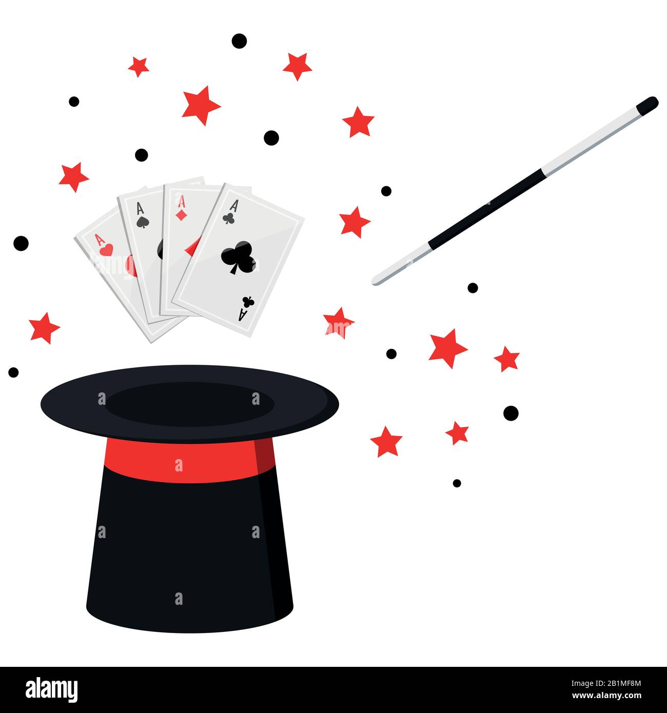 Cappello nero del mago, cappello magico con assi quattro di un poker tipo,  bacchetta magica in azione e stella isolata su sfondo bianco Immagine e  Vettoriale - Alamy