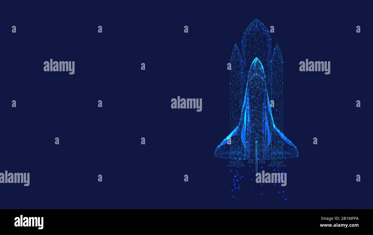 Lancio della navetta da triangoli e punti luminosi. Sfondo di un bel cielo notturno blu scuro. Illustrazione poligonale. Poli basso. Concetto di avvio. Foto Stock