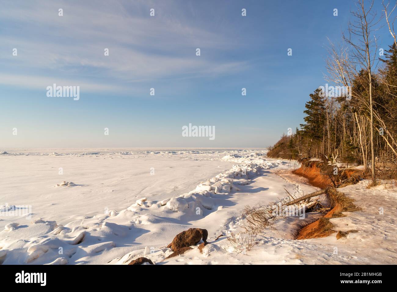 Il litorale è stato eroso lungo la costa della rurale Isola del Principe Edoardo, Canada. Foto Stock