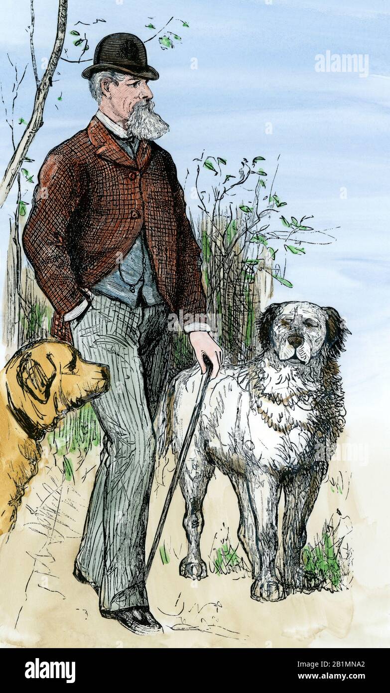 Charles Dickens camminare i suoi cani. Taglio di legno colorato a mano Foto Stock