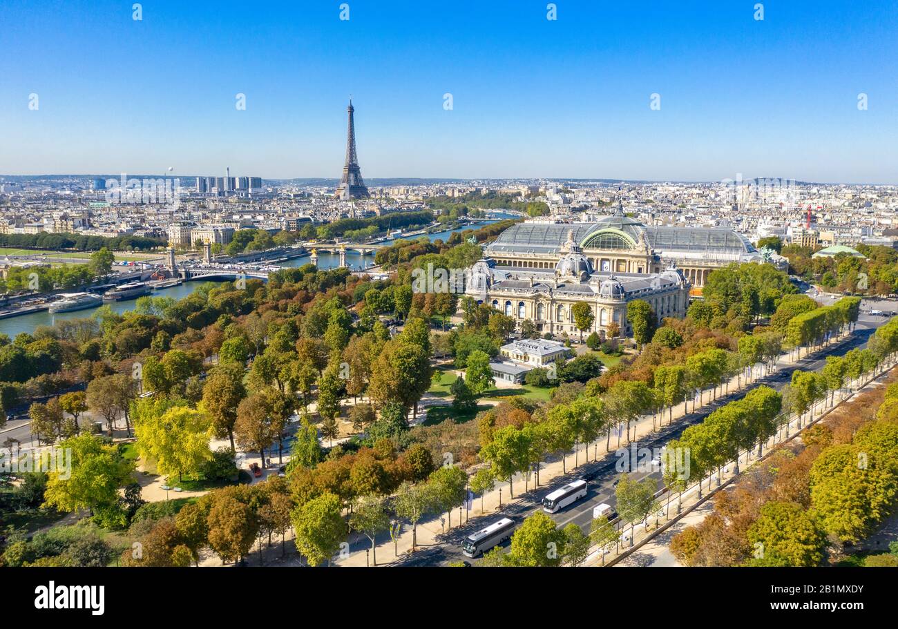 Vista aerea di Parigi, Grand Palais e Torre Eiffel Foto Stock