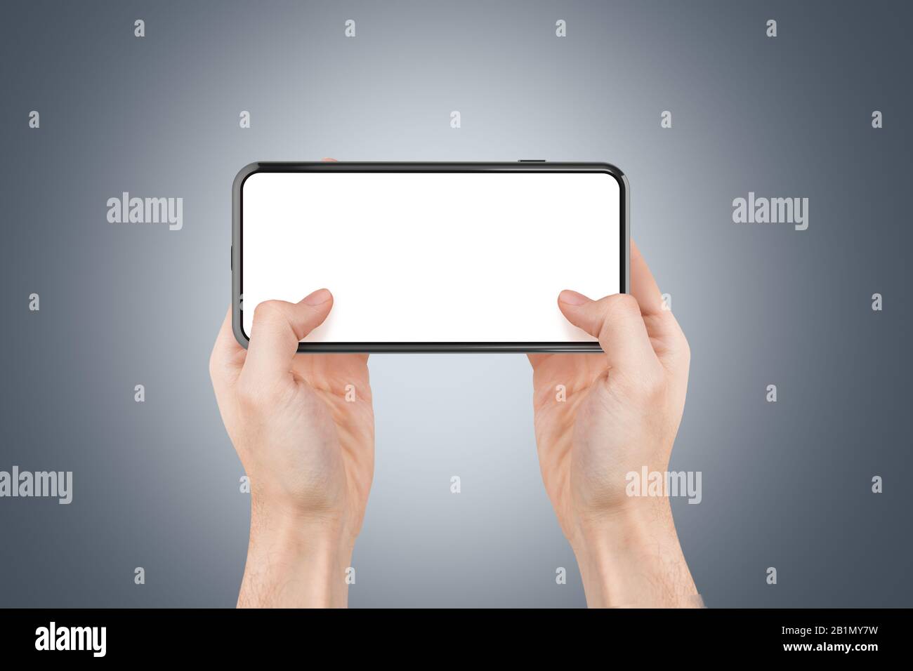rendering 3d, immagine di simulazione singola dello smartphone a schermo intero di nuova generazione con modello bianco a schermo vuoto, tenuta a mano. Foto Stock