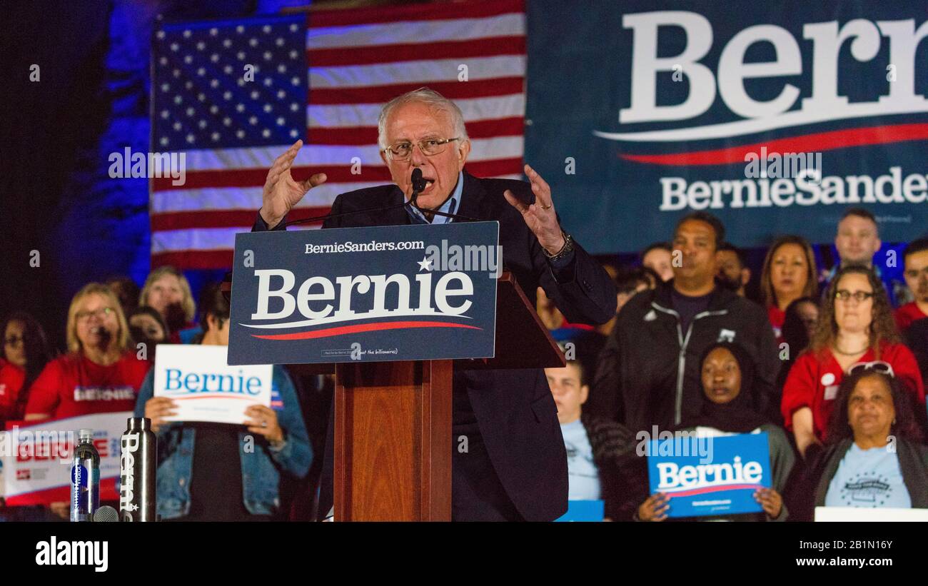 21 febbraio 2020, LAS VEGAS, NEVADA, USA - il senatore democratico Bernie Sanders parla al Rally Presidenziale di Springs Preserve Ampitheater sera prima del Nevada Caucus, Las Vegas, NV Foto Stock