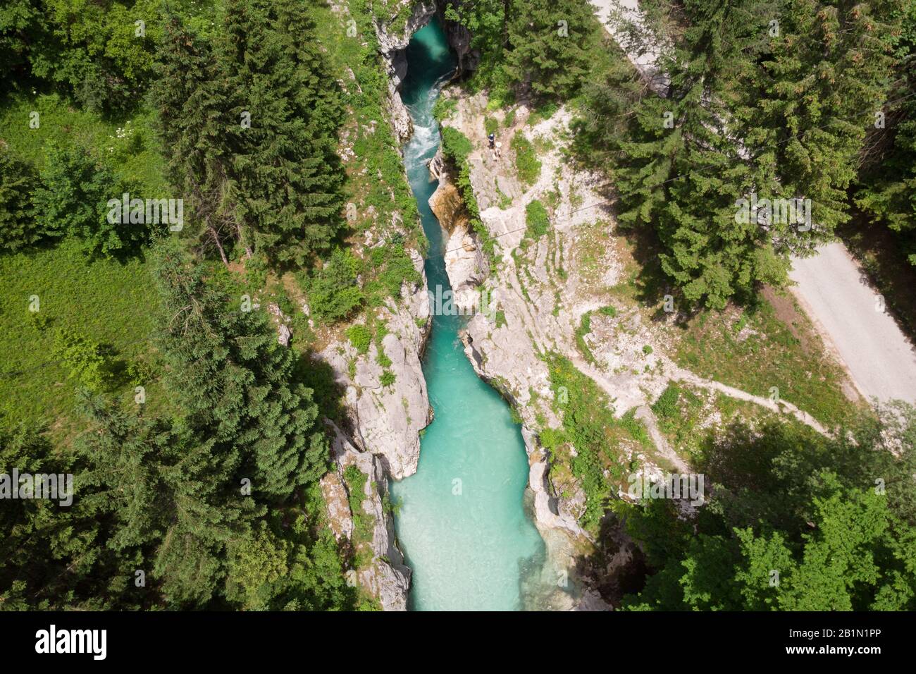 Veduta aerea sul fiume Soca nel Parco Nazionale del Triglav, Slovenia Foto Stock