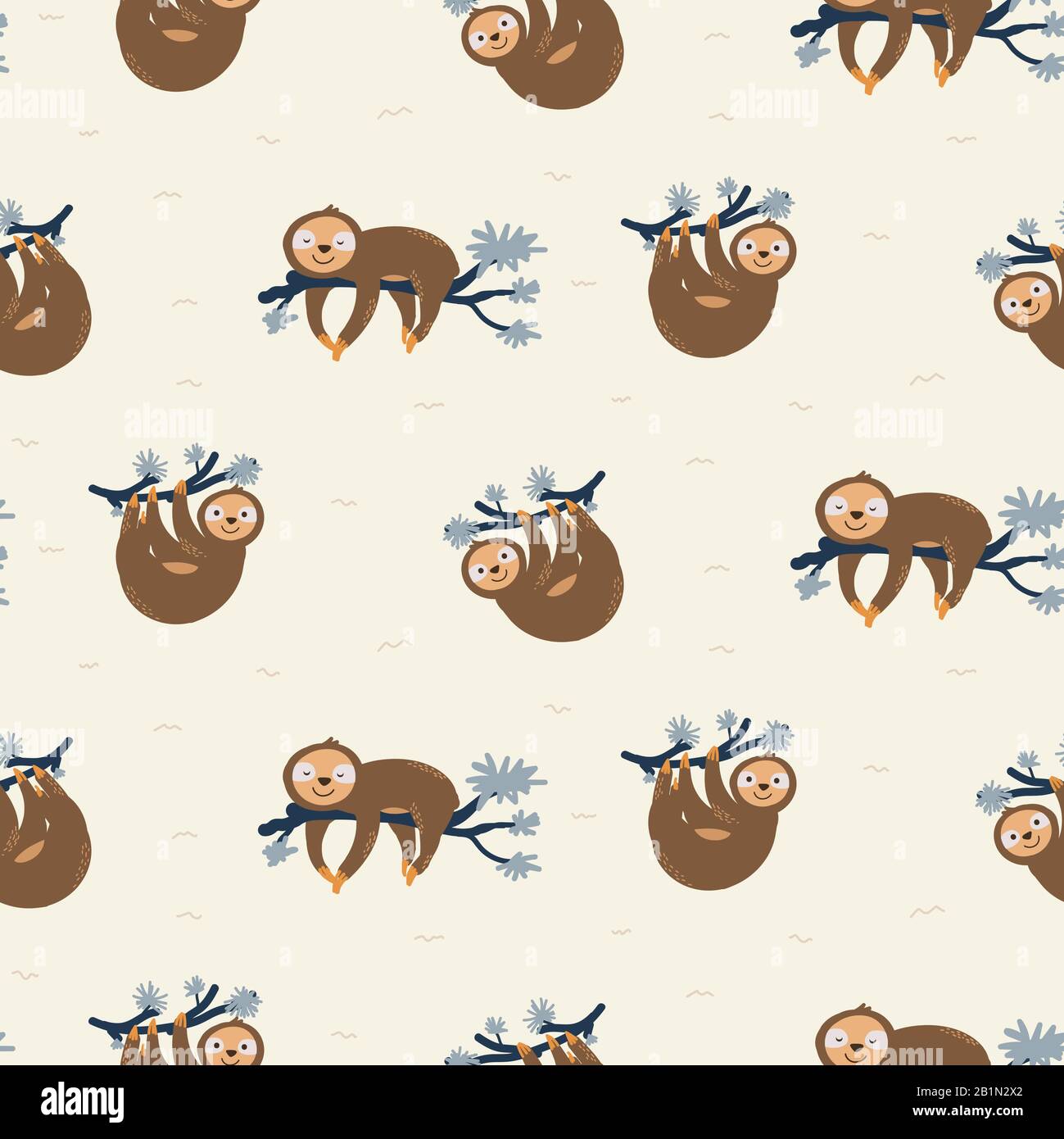 Cute sloth su rami albero senza giunture pattern vettore. Sfondo animale cartone animato infantile. Illustrazione Vettoriale