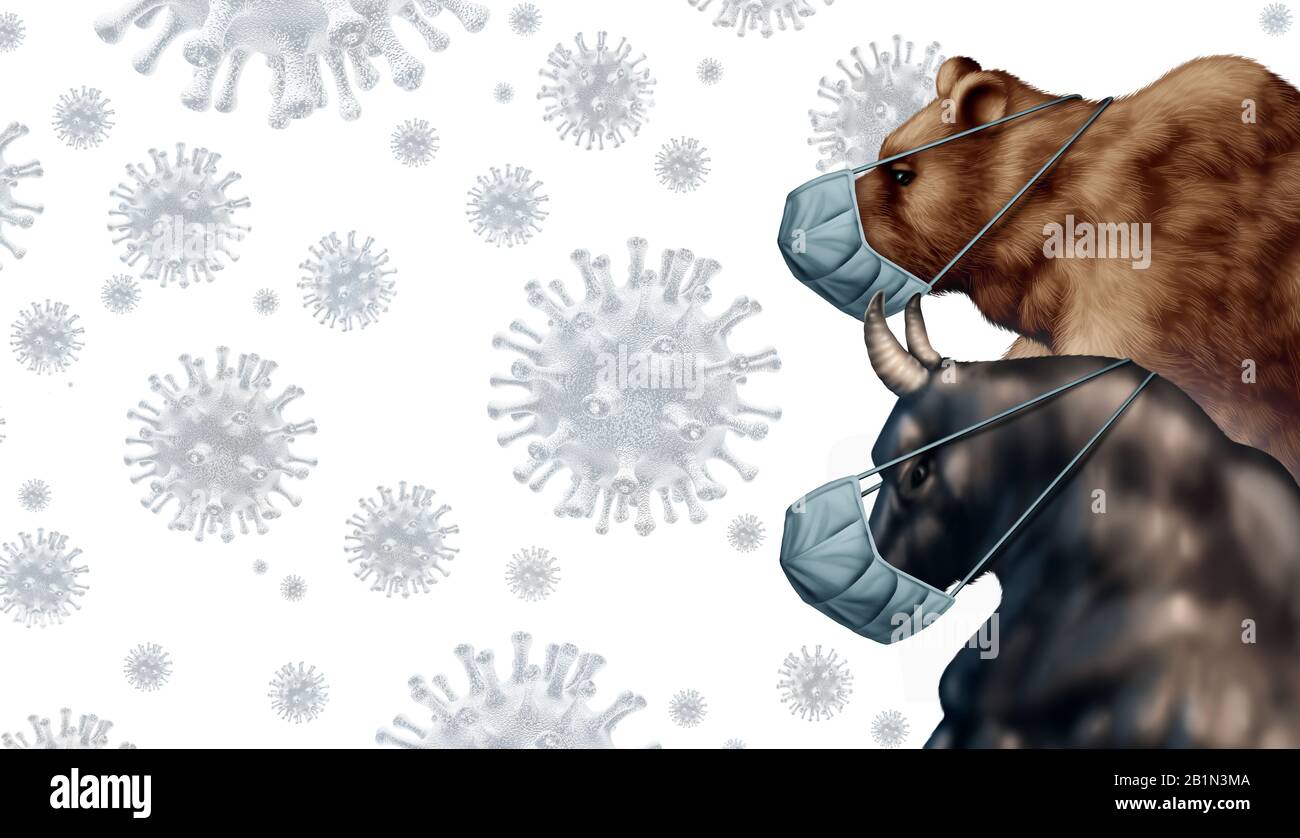 Il virus del mercato azionario teme o toro e sopporta la crisi economica e la salute finanziaria ammalata come concetto di recessione di affari o metafora di incertezza. Foto Stock