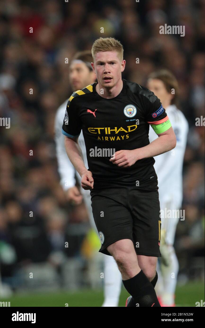 Madrid, Spagna. 26th Feb, 2020. Madrid, Spagna; 26/02/2020.- Real Madrid vs Manchester City 1st tappa del turno 16 Champions League partita tenutasi allo stadio Santiago Bernabeu, Madrid.Kevin De Bruyne Manchester City giocatore pena di gol credito: Juan Carlos Rojas/Picture Alliance | utilizzo in tutto il mondo/dpa/Alamy Live News Foto Stock