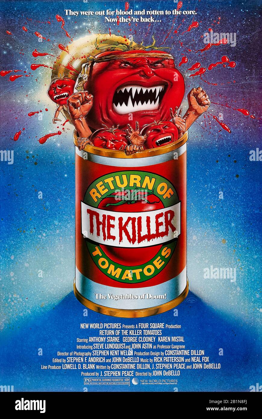 Ritorno dei pomodori Killer! (1988) diretto da John De bello e interpretato da Anthony Starke, John Astin, George Clooney e Karen M. Waldron. Il professor Gangreen ritorna con un'invenzione per trasformare i pomodori in esseri umani replica. Foto Stock