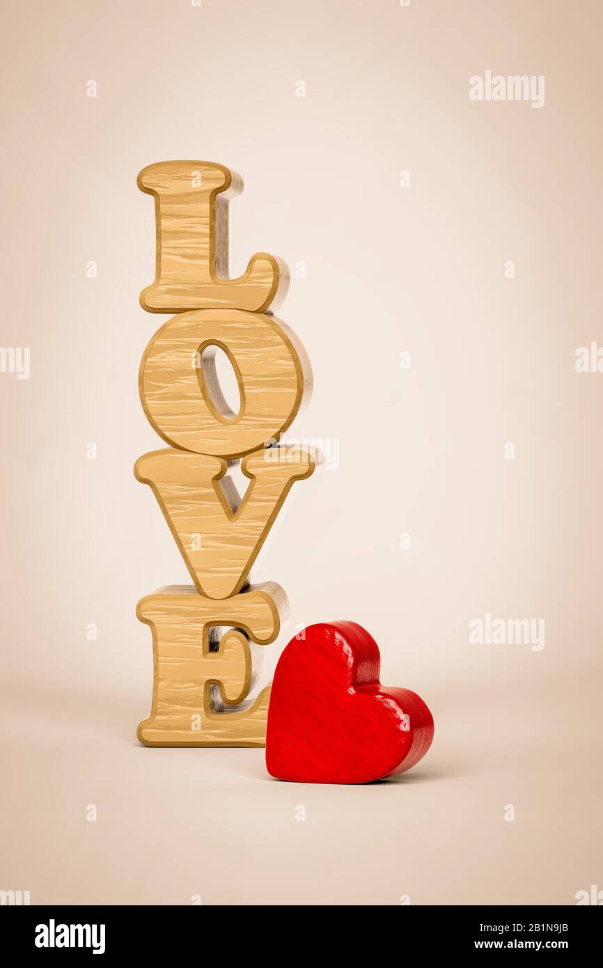 3D computer grafico, lettere in legno che mostrano LA parola AMORE e un cuore di legno rosso Foto Stock