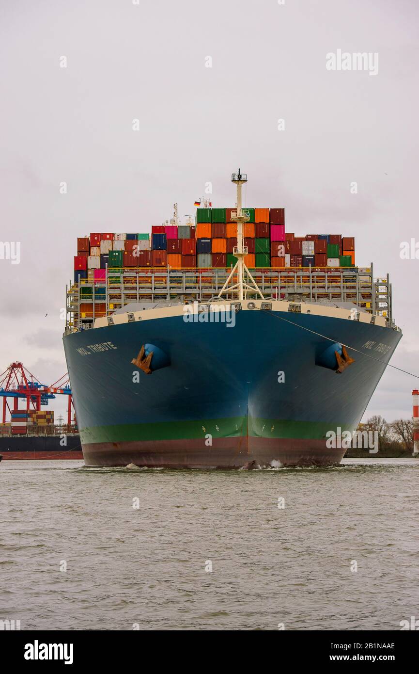 Nave con container sul fiume Elba, Germania, Amburgo Foto Stock