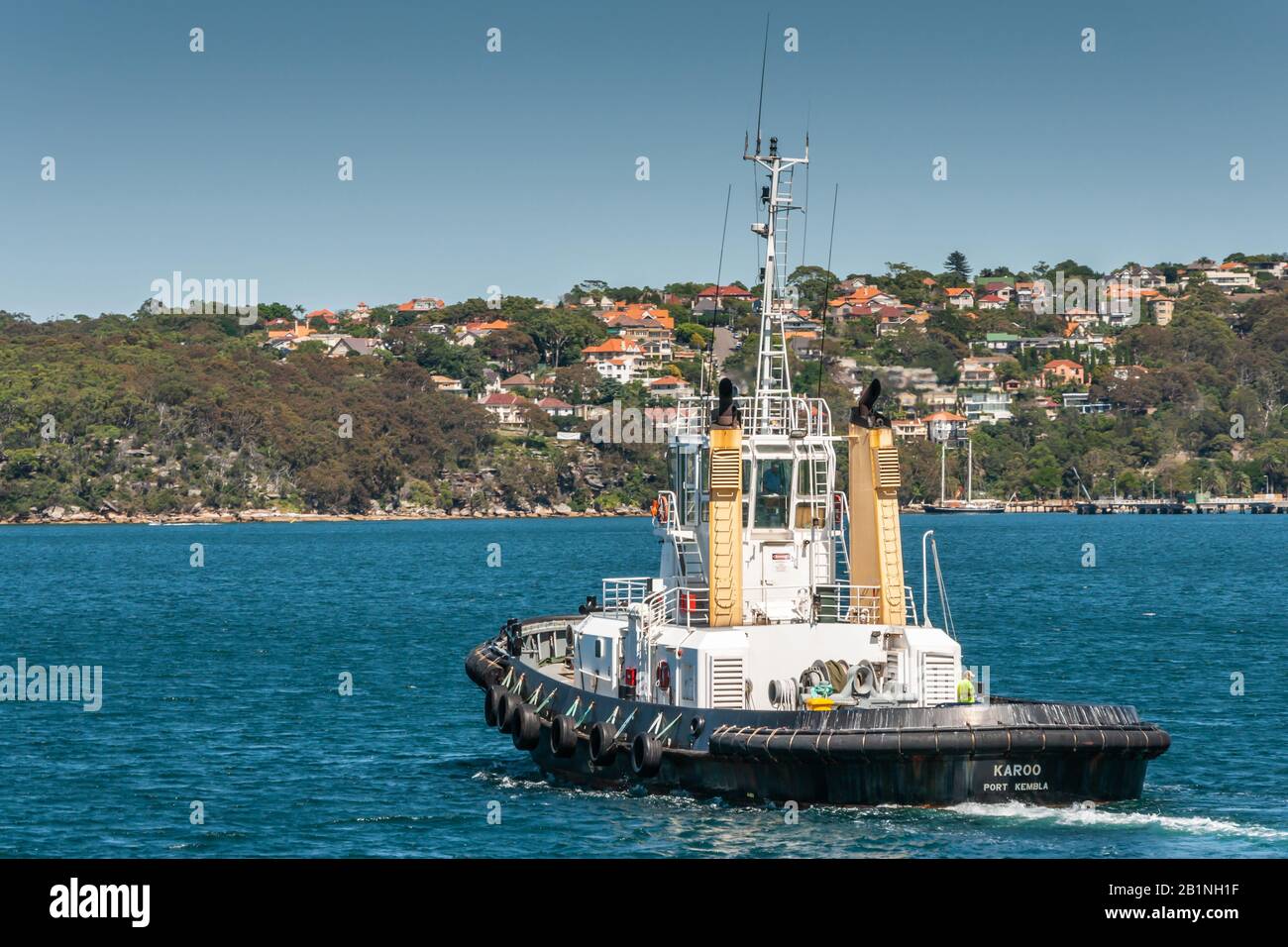 Sydney, Australia - 11 dicembre 2009: Il rimorchiatore bianco-nero Karoo di Port Kemble naviga su acque profonde della baia blu, con la linea costiera all'orizzonte piena di rosso r Foto Stock