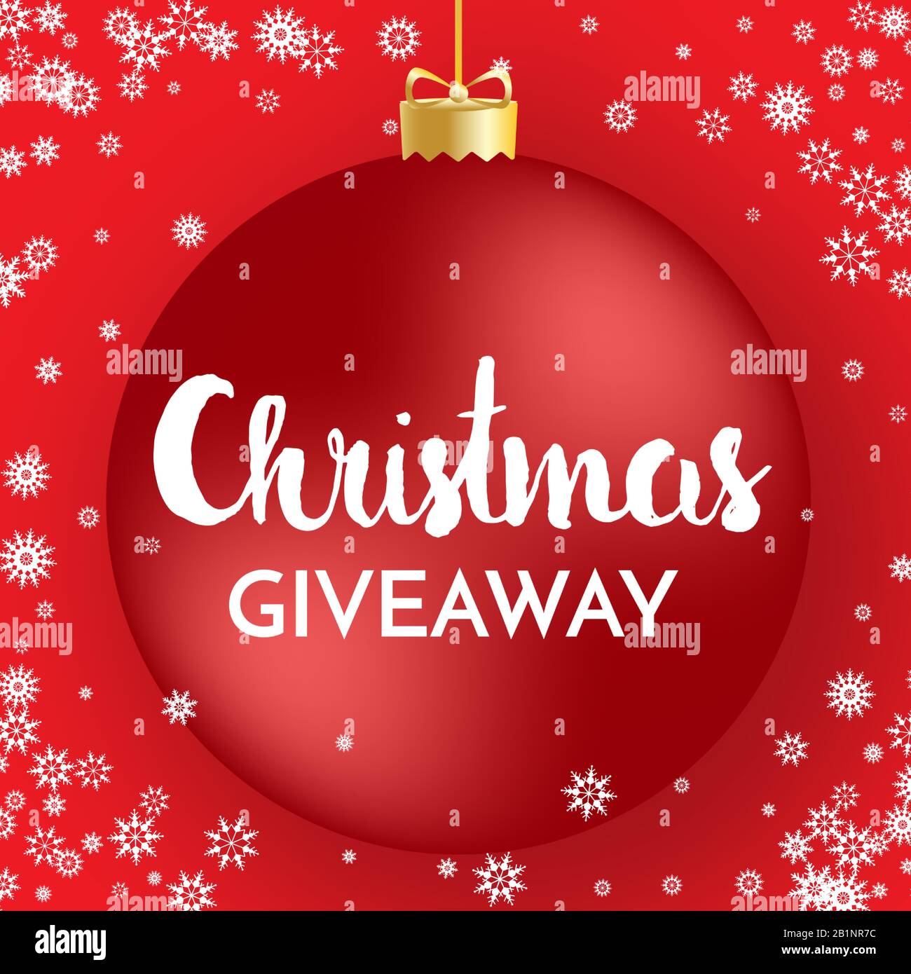 Regali di Natale - banner modello. Palla di Natale rossa, fiocchi di neve bianca e frase Giveaway su sfondo rosso. Illustrazione del vettore Illustrazione Vettoriale