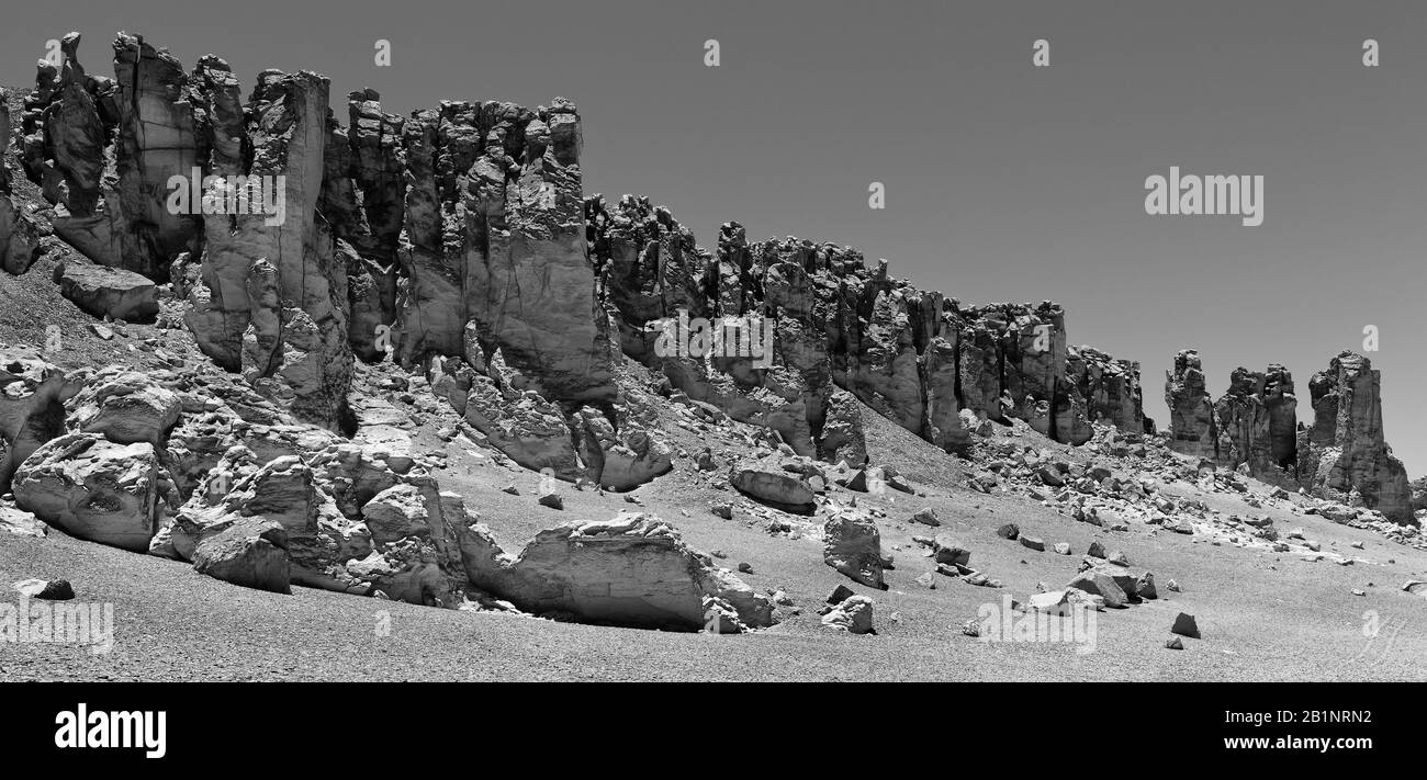 Le cattedrali erose dal vento di Tara, Salar de Tara (Tara Salt Flat), deserto di Atacama, Antofagasta, Cile (bianco e nero) Foto Stock