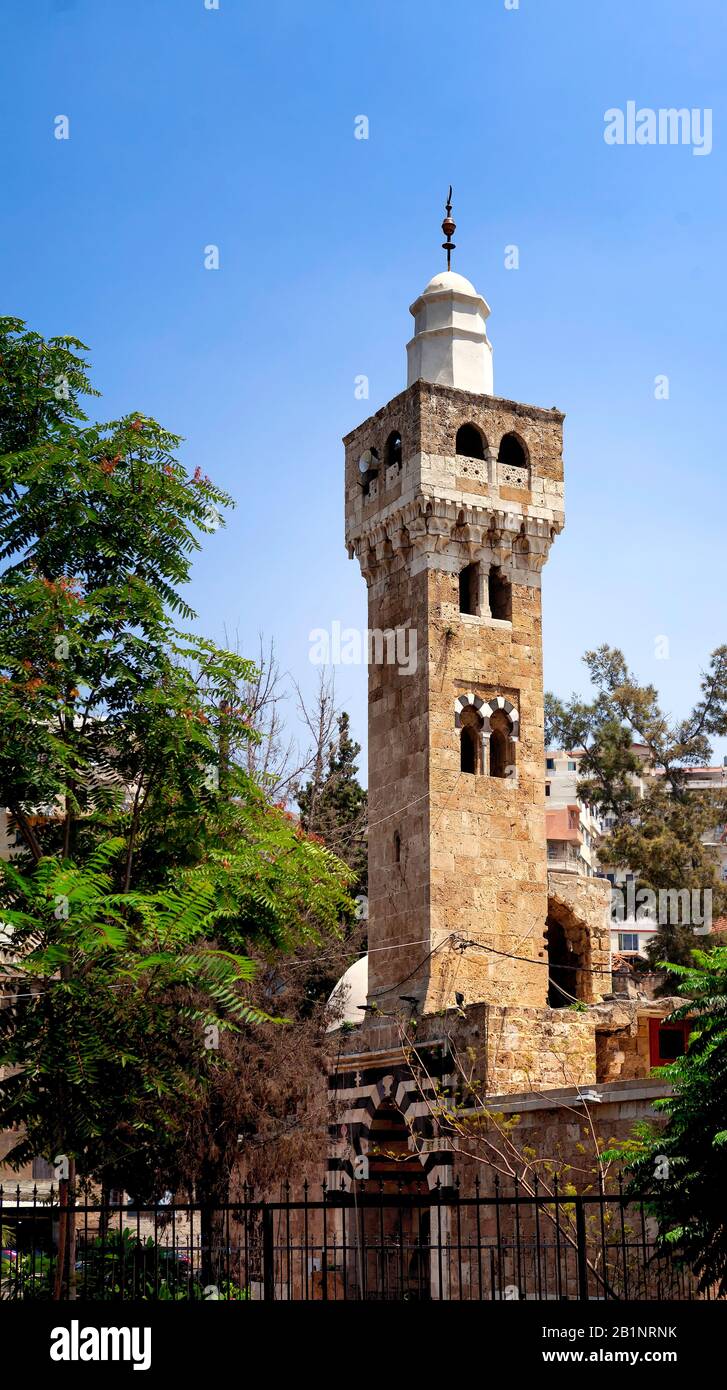 Minareto della moschea di Mamluk era al Bourtasi (al Bertasi), nel centro della città vecchia di Tripoli (Trableus), Libano. Foto Stock
