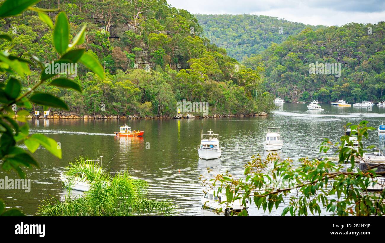 Vista panoramica del Berawa Creek nei sobborghi settentrionali di Sydney con una barca NSW per il servizio antincendio rurale che si affaccia sul fiume completamente surrogato Foto Stock