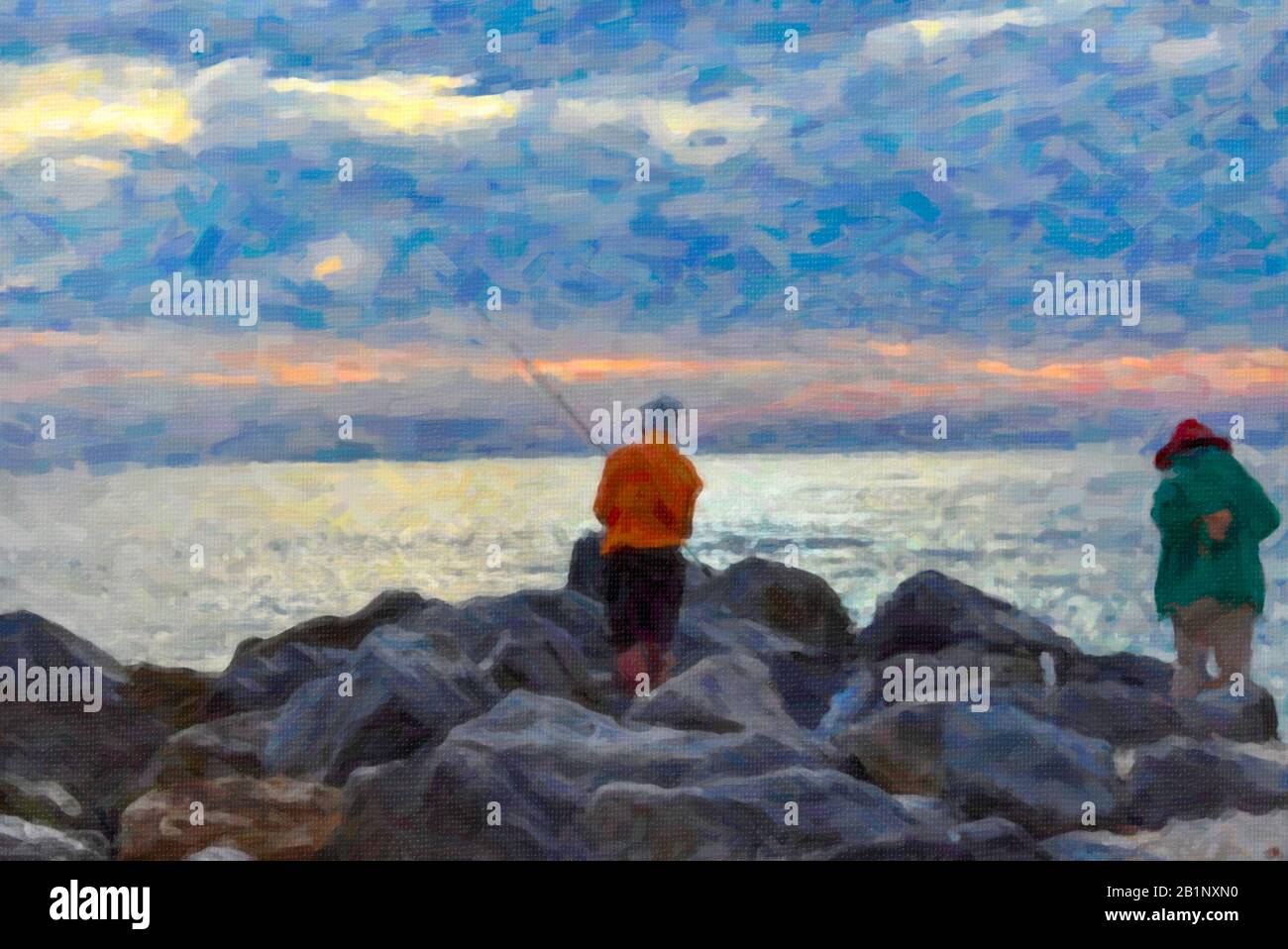 Pesca dell'uomo al dipinto di olio della spiaggia, molo di pesca della spiaggia di Boca Grande, pesca arte digitale, Golfo del Messico South West Florida, pesca il mare Foto Stock