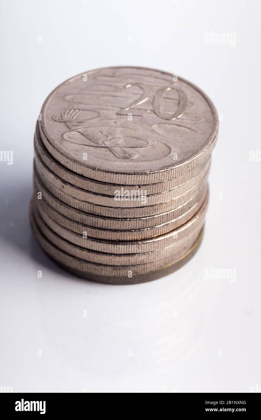 stack di 20 cent di moneta australiana Foto Stock