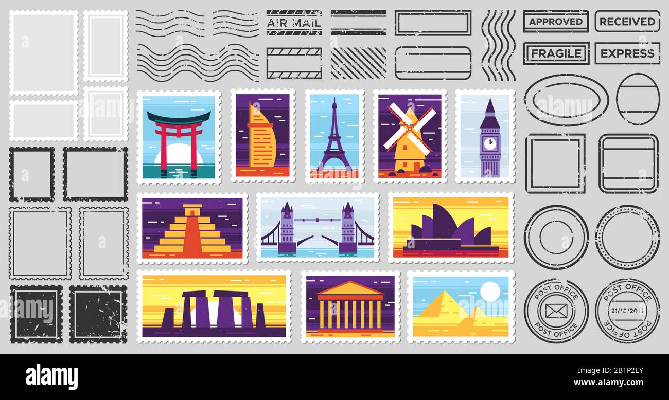Timbro postale del viaggiatore. Cartolina delle attrazioni della città, fragile francobollo e set vettore di cornici postali Illustrazione Vettoriale
