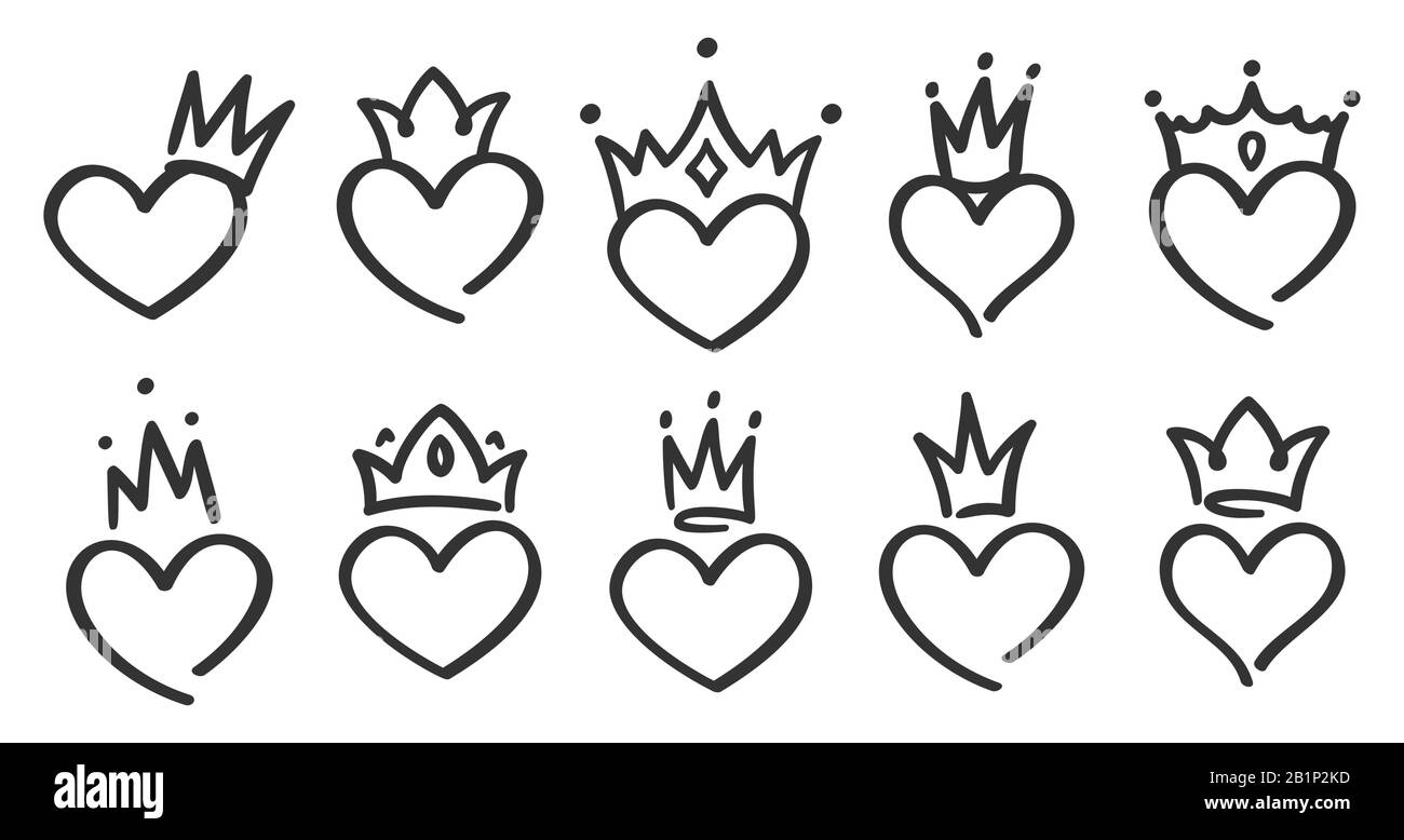 Cuore coronato disegnato a mano. Doodle principessa, re e regina corona sul cuore, schizzo amore corone vettore illustrazione set Illustrazione Vettoriale