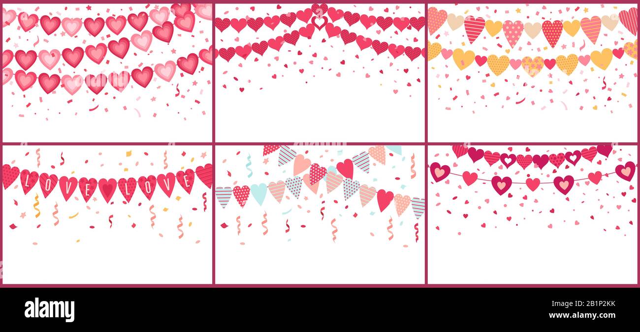 Bunting amore cuori. Love garland, festa valentine decorazione bandiere cuore con colori confetti vettore set Illustrazione Vettoriale