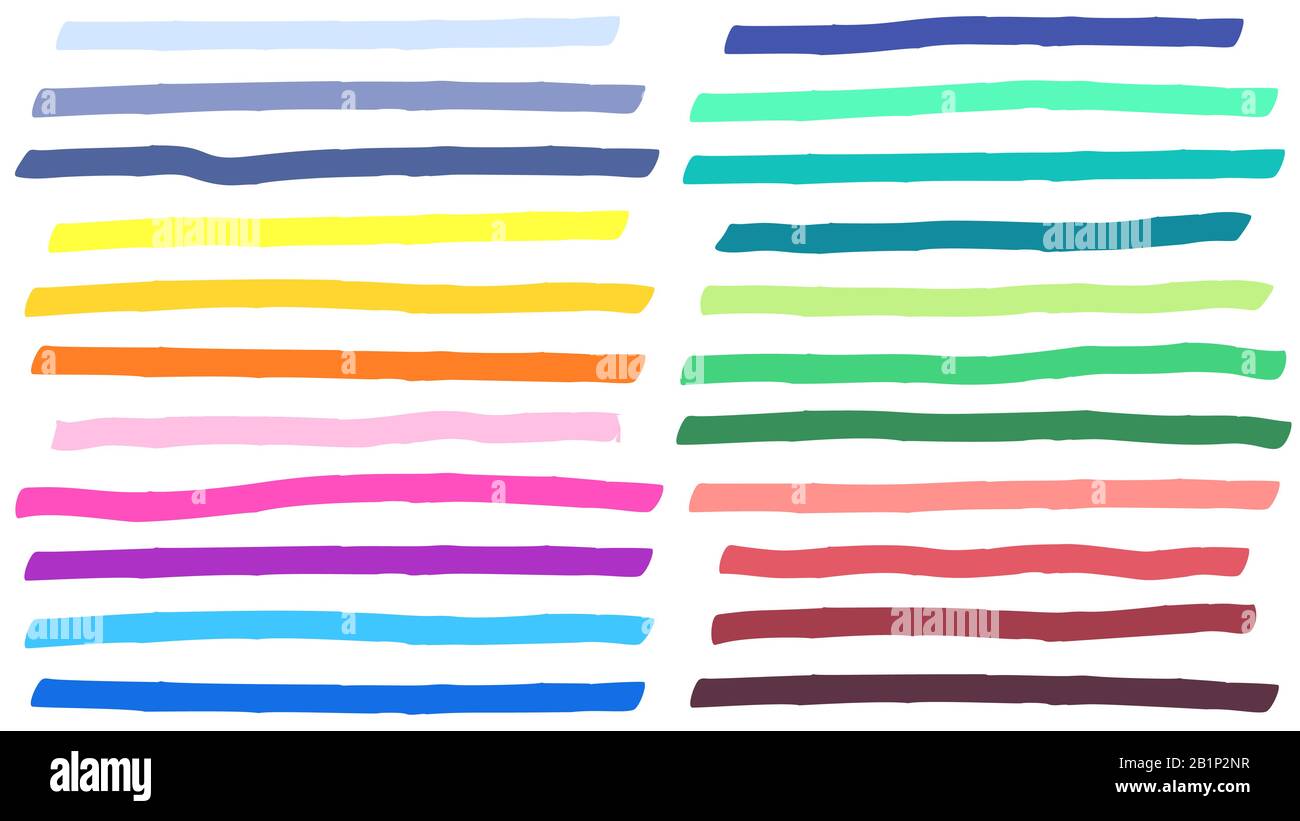 Tratti di linee di marcatura con evidenziazione a colori. Luci colorate, strisce di marcatori e set di vettori di evidenziazione della linea gialla Illustrazione Vettoriale
