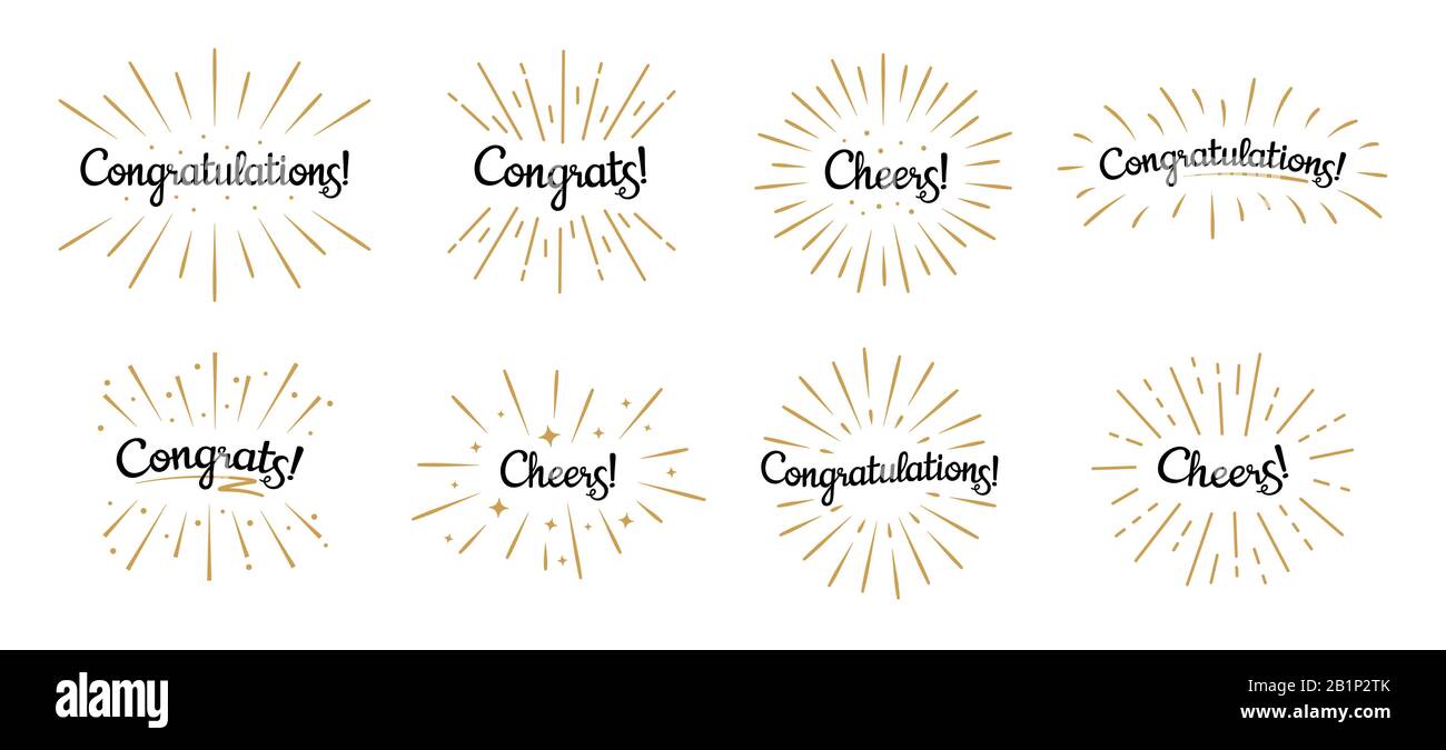 Complimenti scritta. Congratulazioni etichetta, festeggiamento e congratulazioni badge di testo con Golden Burst vettore set Illustrazione Vettoriale