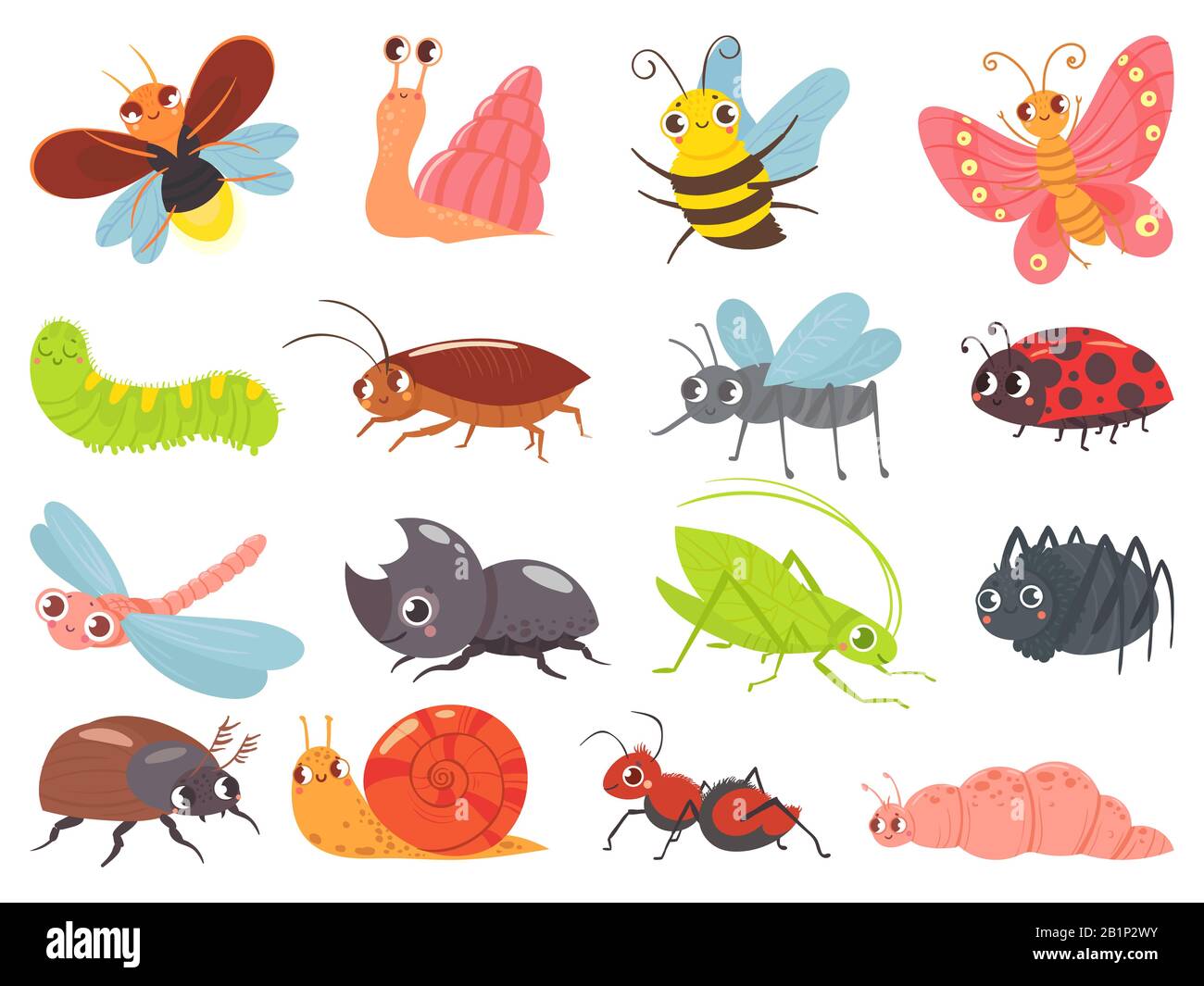 Bug cartoon. Insetto del bambino, insetto felice divertente e set del vettore cute ladybug Illustrazione Vettoriale