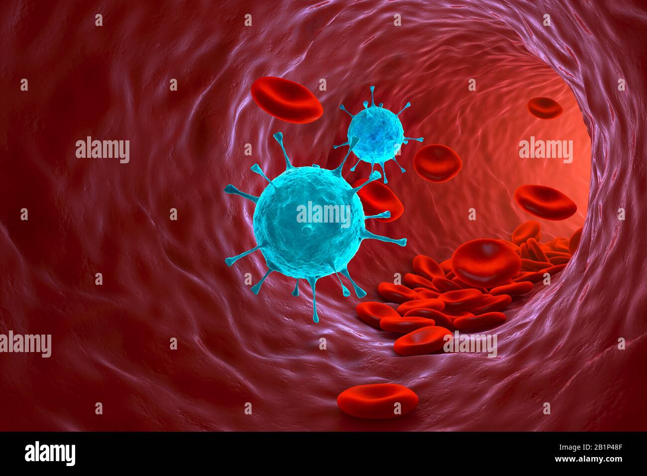3d rende l'illustrazione delle cellule di anima umane e del virus di influenza. Foto Stock
