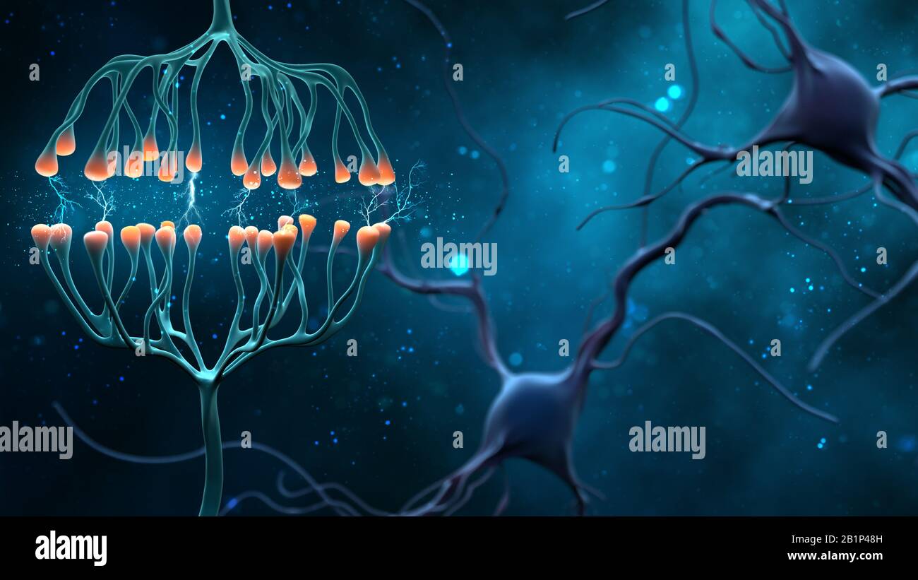 Synapse e Cellule Neurone che inviano segnali chimici elettrici. Illustrazione della sinapsi digitale su sfondo blu. Figura 3 D . Foto Stock
