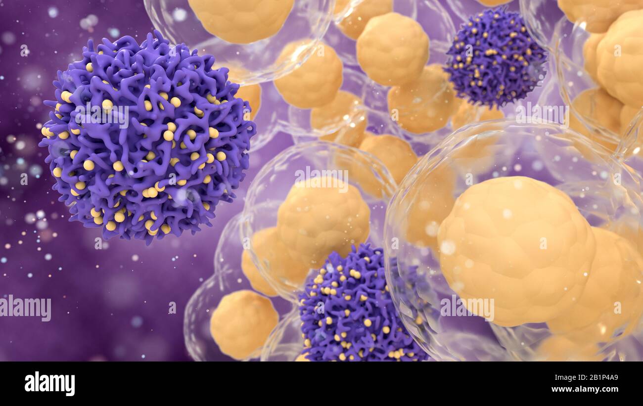 Concetto medico di cancro su una base astratta. 3D illustrazione delle cellule T o delle cellule tumorali. Foto Stock