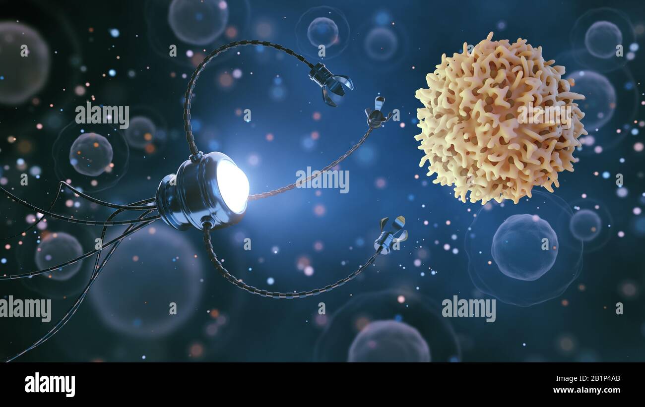Concetto medico nel campo della nanotecnologia. Un nanobot studia o uccide una cellula di cancro. 3 d illustrazione. Foto Stock
