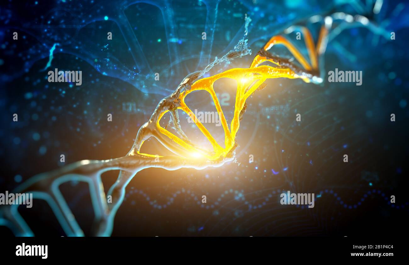 3D rende la struttura del DNA dell'illustrazione su sfondo blu. Foto Stock