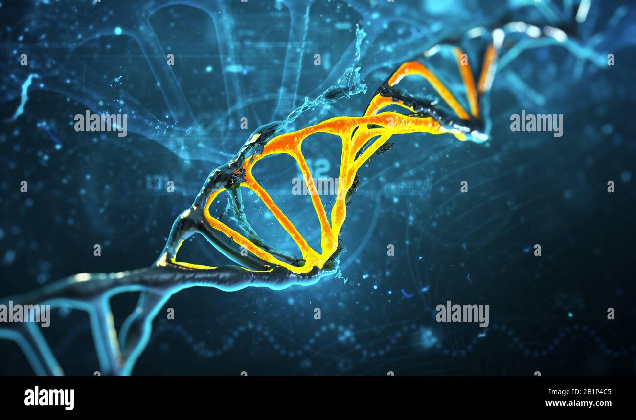 3D rende la struttura del DNA dell'illustrazione su sfondo blu. Foto Stock