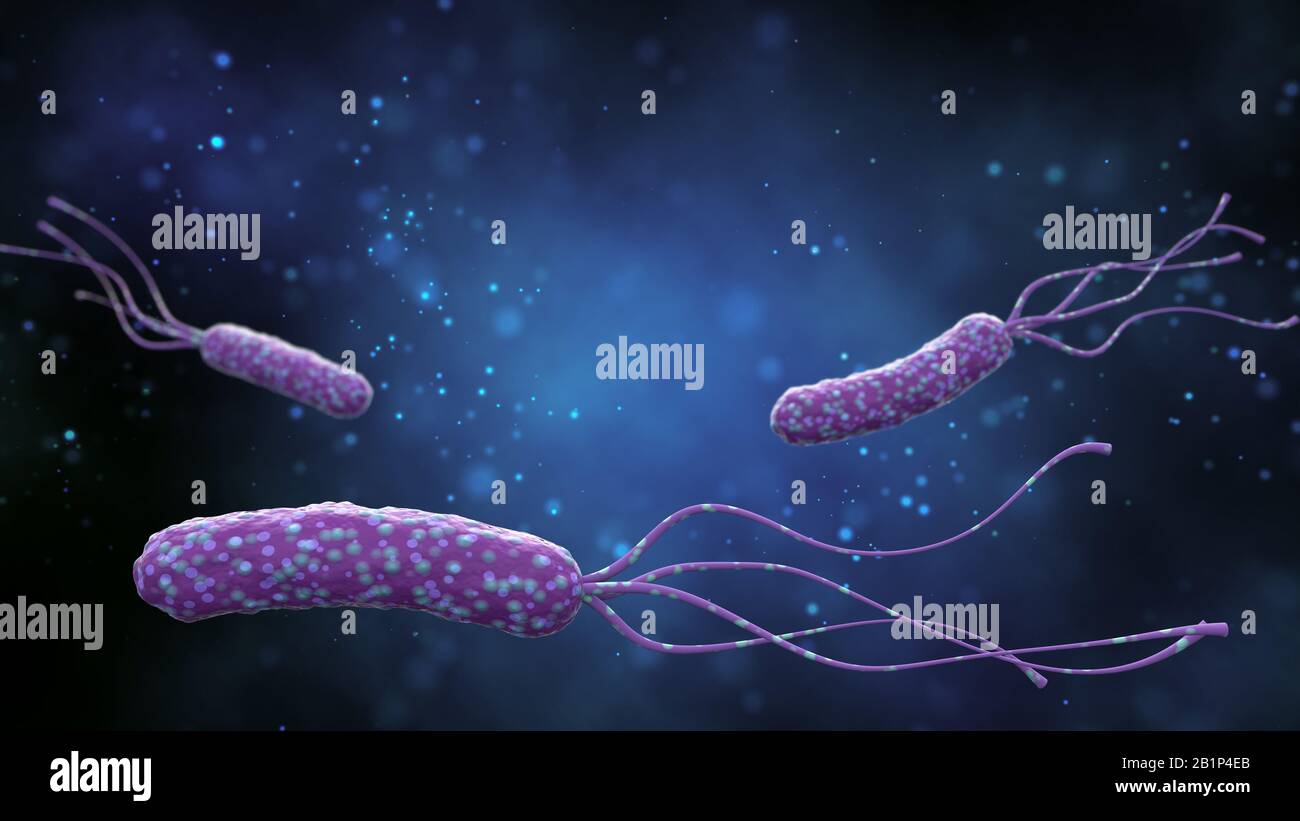 Illustrazione dei batteri Helicobacter pylori su uno sfondo blu astratto. Concetto medico. 3 d rendering. Foto Stock