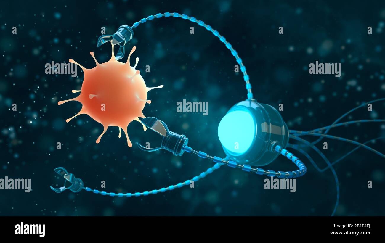 Concetto medico nel campo della nanotecnologia. Un nanobot studia o uccide un virus. 3 d illustrazione. Foto Stock