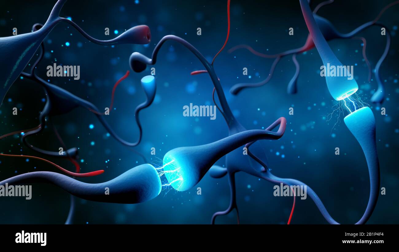 Synapse e Cellule Neurone che inviano segnali chimici elettrici. Illustrazione della sinapsi digitale su sfondo blu. Figura 3 D . Foto Stock