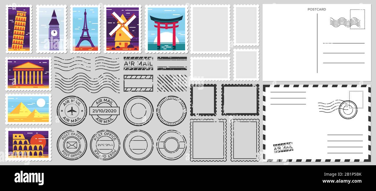 Francobolli. Busta posta aerea, timbro postale e set vettore francobolli postali. Cachets e postmark con diverse illustrazioni dei punti di riferimento. Vuoto Illustrazione Vettoriale